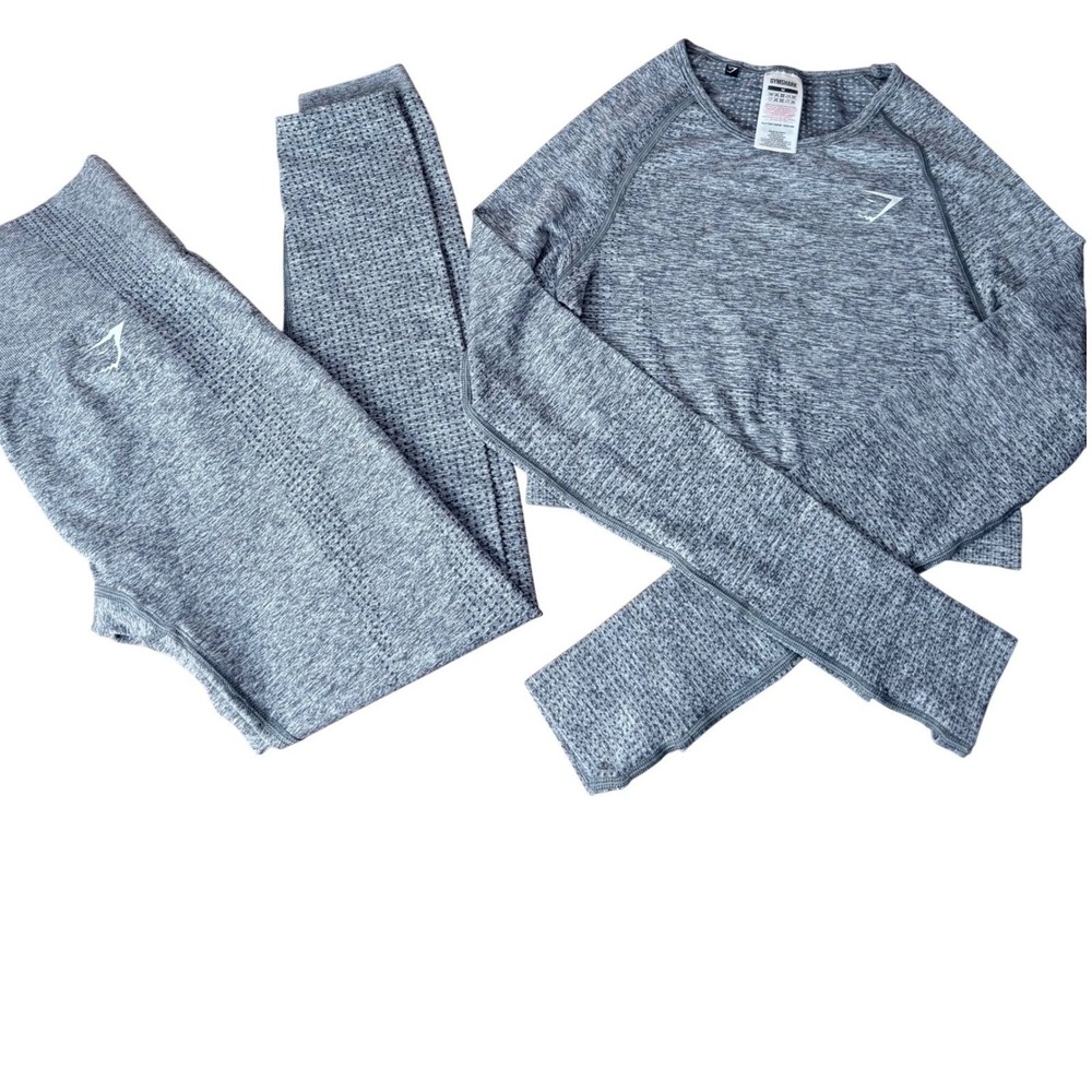 Gymshark Vital Seamless 2.0‎ Set Grey Marl Long Sleeve Crop Top Leggings Medium
